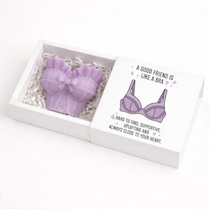 May include: A lavender-colored corset-shaped soap sits in a white box filled with paper shreds. The box lid displays a bra illustration and the text: "A good friend is like a bra. Hard to find, supportive, uplifting and always close to your heart."
