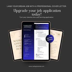 May include: Three tablets displaying a professional cover letter and resume template. The central tablet shows a resume with a blue gradient design. Text includes "Upgrade your job application today!" and "Get Your Resume."