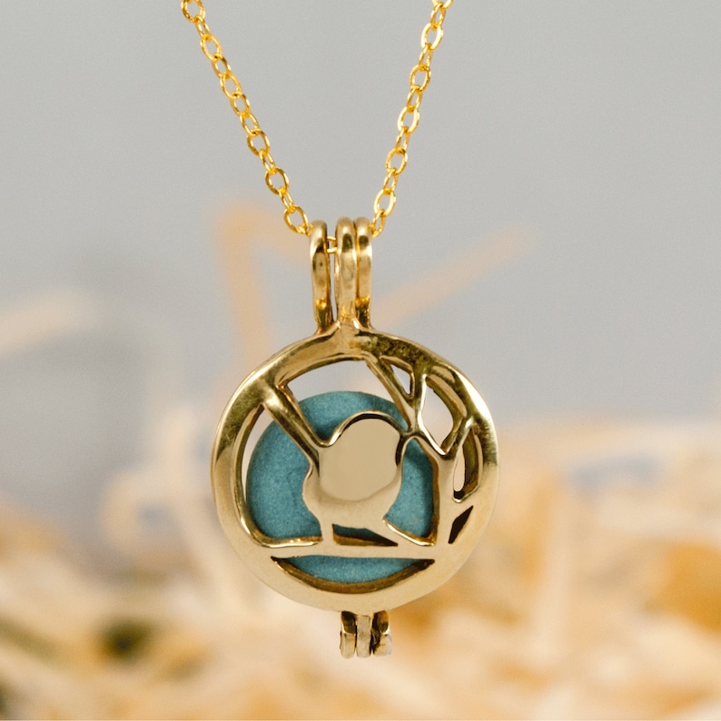 Essential Oil Diffuser Necklace, Aromatherapy pendant, bird locket, brass jewelry, Gift Her Scent image 1