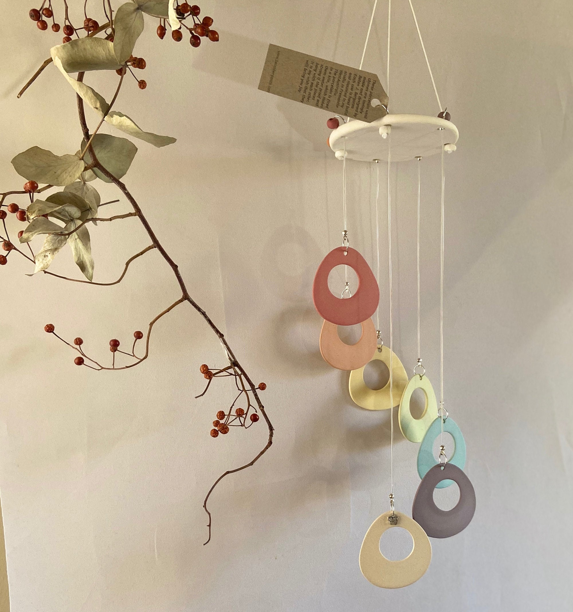 Ceramic Wind Chime, Outdoor Zen Mobile, Rainbow Porcelain Chime