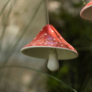 Handmade Ceramic mushroom Bell, Hanging Clay Bell, Pottery Garden Bell, patio decor idea, fairy garden red amanita