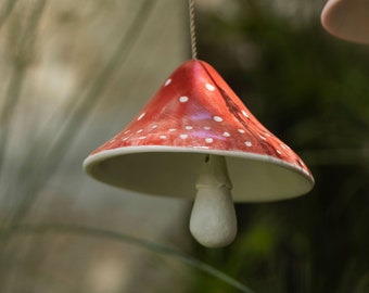 Handmade Ceramic mushroom Bell, Hanging Clay Bell, Pottery Garden Bell, patio decor idea, fairy garden red amanita