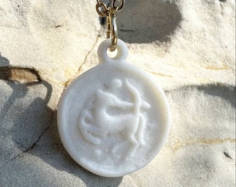 Dainty Zodiac Necklace | Tiny Porcelain Cameo | Coin Zodiac Pendant | White and Gold Zodiac | Celestial Jewelry