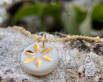 Porcelain and gold charm, minimalist jewelry, dainty gold necklace, seed of life, 18th anniversary, Gift with a meaning
