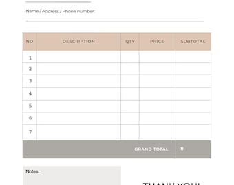 May include: A minimalist invoice template with the word "INVOICE" at the top. It includes fields for date, invoice number, and contact information. A table is present for itemized descriptions, quantities, prices, and subtotals. The words "GRAND TOTAL" and "THANK YOU!" are also visible.