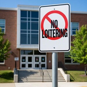 Könnte beinhalten: Ein rechteckiges weißes Schild mit schwarzem Text „NO LOITERING“ und einem roten Kreis mit einem diagonalen Strich. Das Schild ist an einem Metallpfosten befestigt. Im Hintergrund ein Backsteingebäude mit Glasfassade.