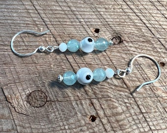 SariBlue® Aqua Quartzite Earrings with Clear Evil Eye on Sterling Silver Hooks