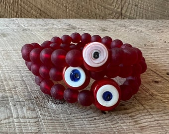 SariBlue TRUE RED Cultured Seaglass Evil Eye Bracelet