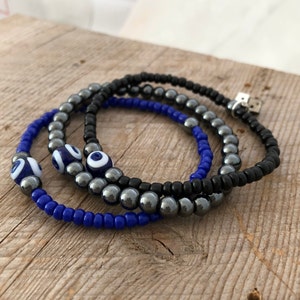 Little Luck Hematite & Glass Bead Bracelet Stack Lucky Evil Eye Bracelets Dice Charm image 2