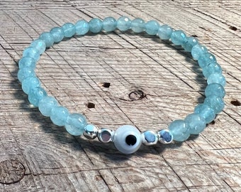 SariBlue® Aqua Quartzite Bracelet with Sterling Silver Beads and Clear Glass Evil Eye