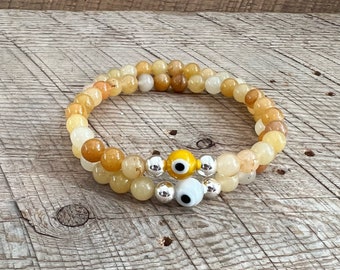 SariBlue® Golden Quartzite Stone Bracelet with Evil Eye And Sterling Silver Beads