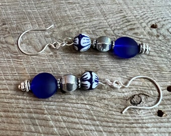 SariBlue® Boho Blue and White Ceramic Bead with a Cobalt Blue Seaglass Coin and Pewter Bead Earrings