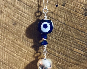 Cobalt Blue Evil Eye Maternity Necklace Angel Caller Pregnancy Necklace Sterling Silver Unique Baby Shower Gift Recycled Glass Eco Jewelry