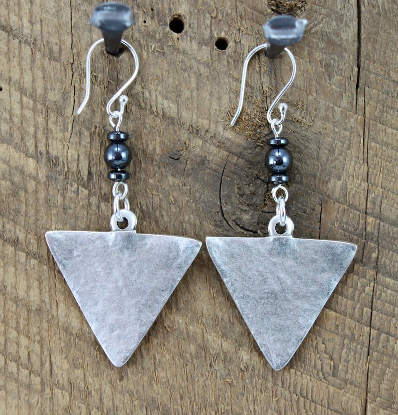 Edgy Hematite /& Silver Triangle Earrings