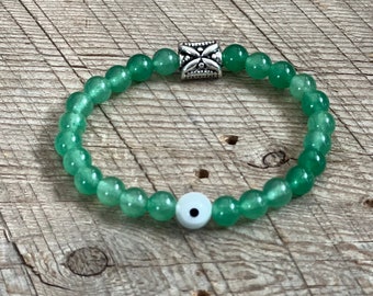 SariBlue Green Aventurine with Clear Evil Eye and Boho Flower Bead Bracelet.