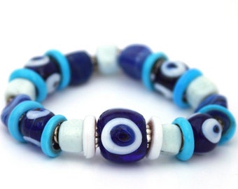 Blue White Handmade Glass Evil Eye Bead Bracelet Boho Jewelry Eco-Friendly Jewelry