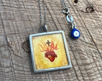 SariBlue® Sacred Heart Pewter Pendant and Evil Eye Necklace on Sterling Silver Chain