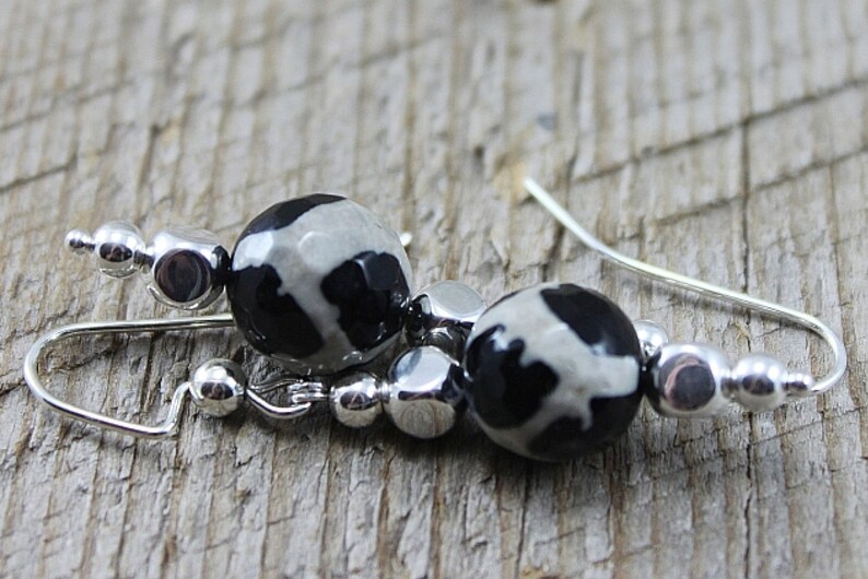 SariBlue® Black and White Agate Dangle Earrings image 2