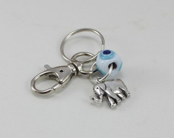 Elephant Charm Keychain with Evil Eye bead, handmade glass bead keychain