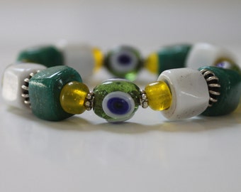 Green, White & Yellow Handcrafted Glass Bead Bracelet - Artisan evil eye glass beads bracelet