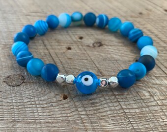 SariBlue® Ultra Blue Agate with Light Blue Evil Eye and Sterling Silver Beads Bracelet