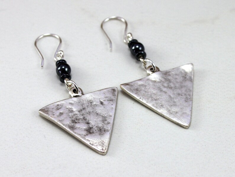 Edgy Hematite /& Silver Triangle Earrings