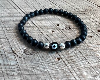 SariBlue® Evil Eye and Matte Black Agate with Sterling Silver Beads Bracelets