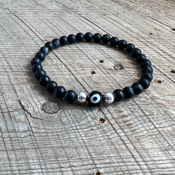 SariBlue® Evil Eye and Matte Black Agate with Sterling Silver Beads Bracelets