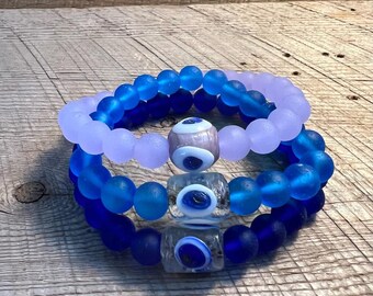 SariBlue Cultured Seaglass Evil Eye Bracelets