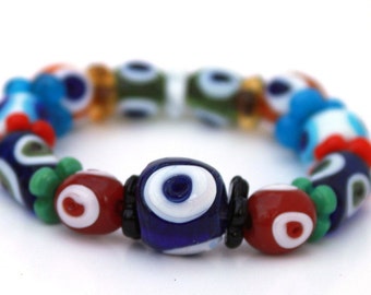 Boho Girl Bracelet - Handmade Glass Evil Eye Beads in Multi Color Blue Red Orange Green White