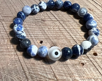 SariBlue® Striated Denim Blue Sodalite with Evil Eye Bracelet