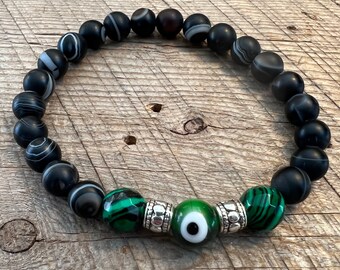 SariBlue® Dark Green Fordite with Striated Matte Black Agate and Green Evil Eye Beads Bracelet