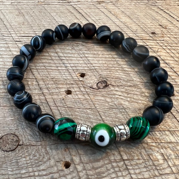 SariBlue® Dark Green Fordite with Striated Matte Black Agate and Green Evil Eye Beads Bracelet