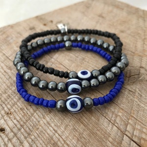 Little Luck Hematite & Glass Bead Bracelet Stack Lucky Evil Eye Bracelets Dice Charm image 1