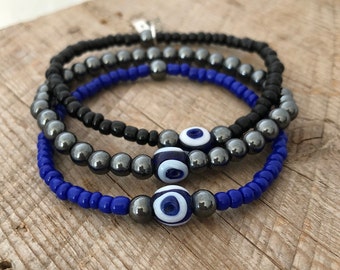 Little Luck Hematite & Glass Bead Bracelet Stack Lucky Evil Eye Bracelets Dice Charm