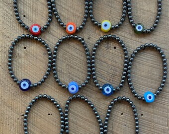 Good Vibes Flat Glass Evil Eye Handmade Turkish Bead and Hematite Bracelet