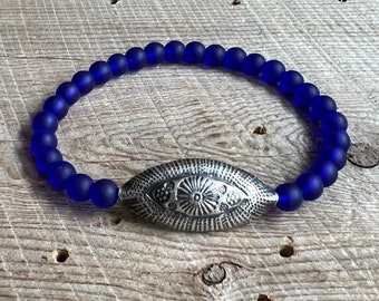 SariBlue Cobalt Cultured Seaglass with Large Hill Tribes Silver Evil Eye Bead Bracelet