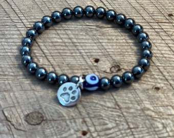 SariBlue Hematite and Evil Eye Bracelet with Pewter Paw Print Charm