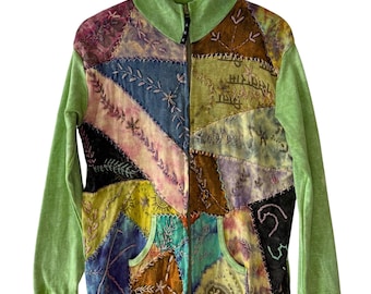 Felpa con cappuccio e zip da donna Y2K ARK verde con patchwork e ricami