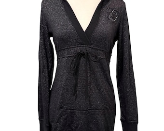Y2K GUESS Damen Schwarz & Silber Metallic Schimmer Kapuzen Tunika Sweatshirt Mini Kleid