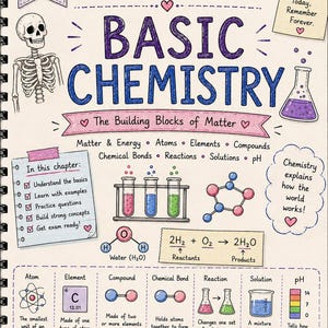 May include: An educational study sheet titled Chapter 2 Anatomy and Physiology Basic Chemistry The Building Blocks of Matter. It features hand-drawn illustrations of a skeleton, heart, test tubes, and chemical diagrams with text notes and definitions.