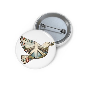 Peace Dove Pin Button – Olive Branch Peace Symbol, Minimal Round Badge, Unity & Cooperation
