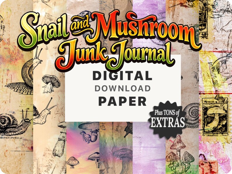 Snail and Mushroom Digital Paper Pack, Scrapbooking, Printable Scrapbook Paper, A4 and US Letter, Instant Download 画像 1