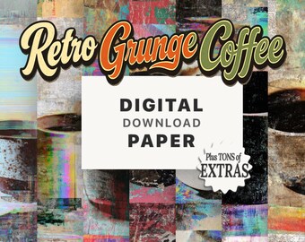 Retro Grunge Coffee Mug Digital Print Paper, Printable Scrapbook Paper, Junk Journal, Instant Download