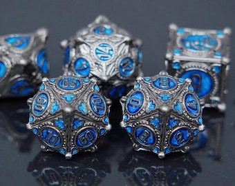 Antique Silver Cobalt Blue Ornate Gothic Metal Dice Set, 7PCS Polyhedral RPG DnD Fantasy