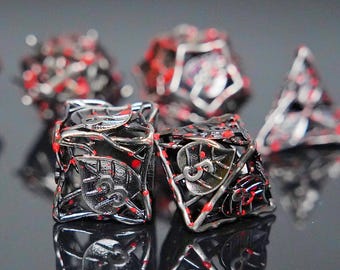 Silver blue/bloodstained maple leaf hollow metal dice, Exquisite dragon and dungeon dice set, Suitable as a DND gift