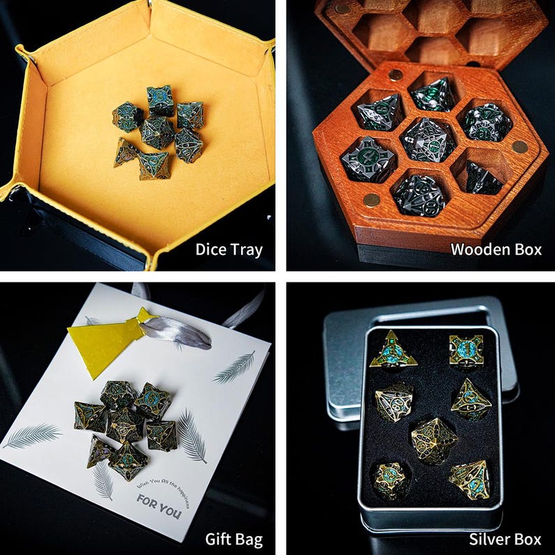 May include: A set of seven intricate metal polyhedral dice featuring teal enamel inlays. The dice are displayed in a yellow hexagonal dice tray, a wooden hexagonal box, a white gift bag with the text FOR YOU, and a silver metal storage box.