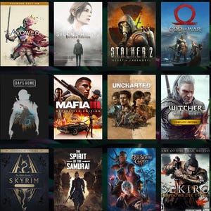 May include: A collection of twelve video game covers featuring titles such as Avowed, Silent Hill 2, Stalker 2, God of War, Days Gone, Mafia III, Uncharted, The Witcher, Skyrim, The Spirit of the Samurai, Baldur's Gate, and Sekiro.