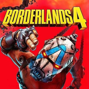 May include: The image features the text "BORDERLANDS 4" in yellow, with a red background. A character with a metallic mask and spiked gloves is shown. The mask has blue and white accents and glowing red eyes.