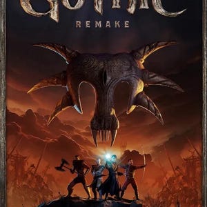 May include: The Gothic Remake video game cover art features a large, dark, horned creature skull floating above four warriors standing on a rocky cliff. The title Gothic Remake is printed in large, weathered, metallic letters at the top of the frame.